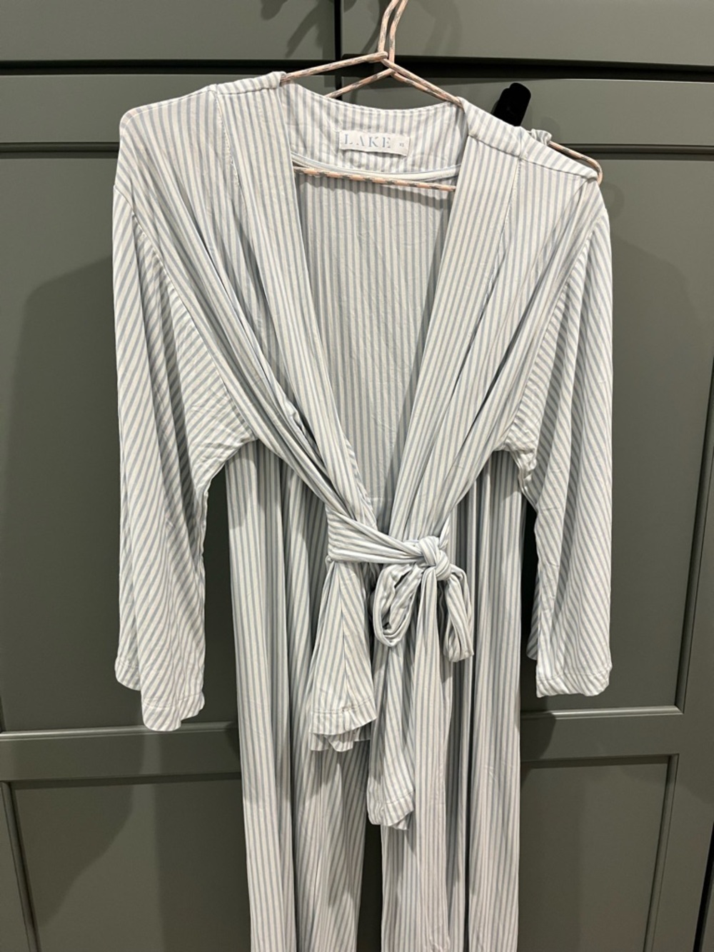 Lake Pajamas DreamKnit Modal Kimono set in fog stripe (light blue), size XS - Picture 2 of 6